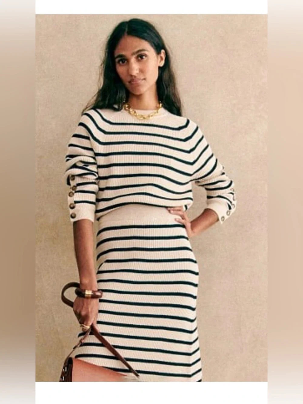 Sezane Sami Merino Wool Cotton Blend Striped Button Cuff Sweater  , Small